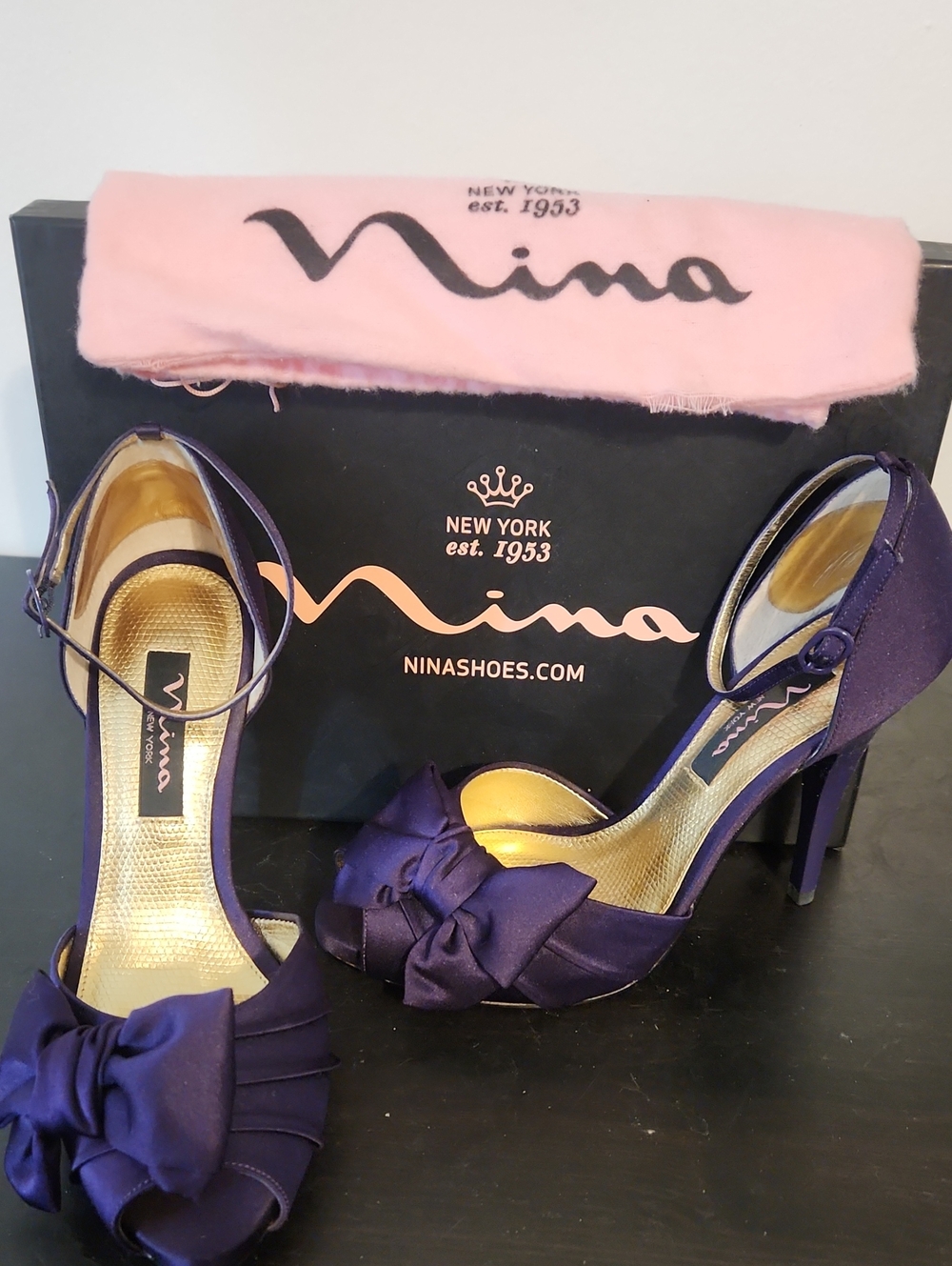 Nina Deep Purple Satin Bow Peep-Toe Ankle-Strap Heels